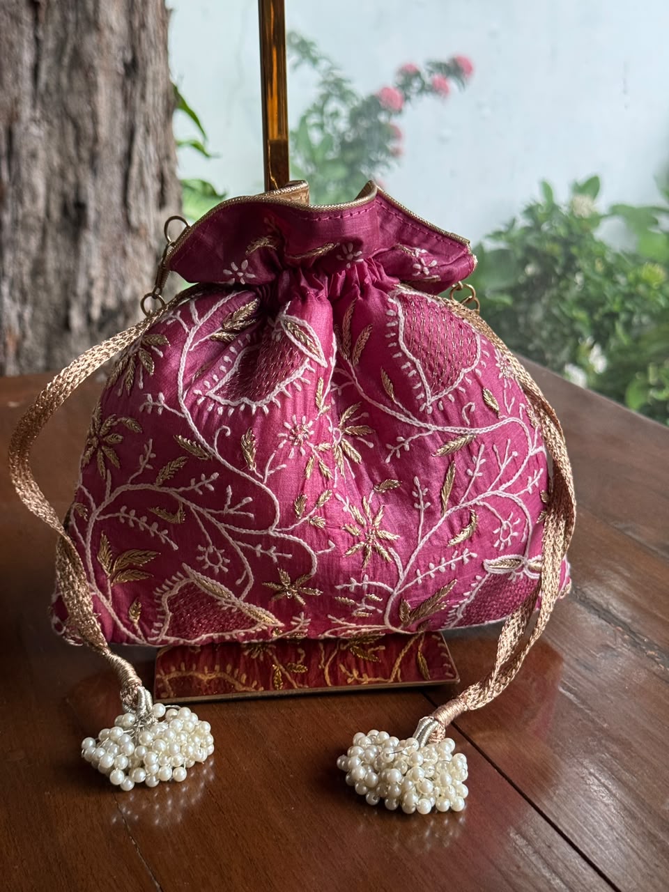 Plum Pink Silk Chikankari Ari & Kasab Work Potli Bag
