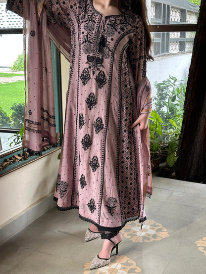 Plum Black Shade Malmal Pearl Work Chikankari Anarkali