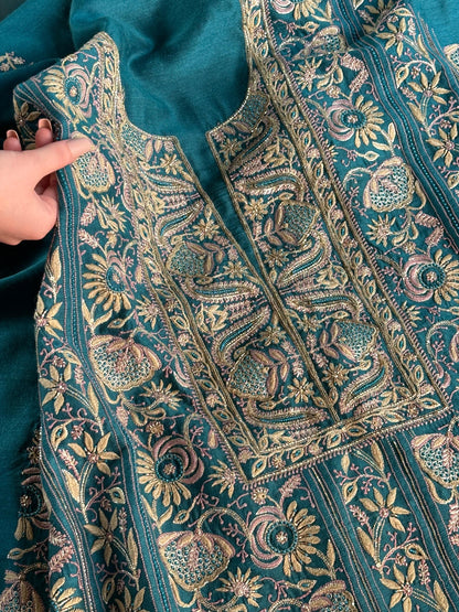 Peacock Blue Shade Moonga Silk Chikankari Unstitched Fabric