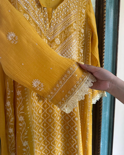 Yellow Malmal Pearl Work Chikankari Kalidar A Line Kurta With Dupatta