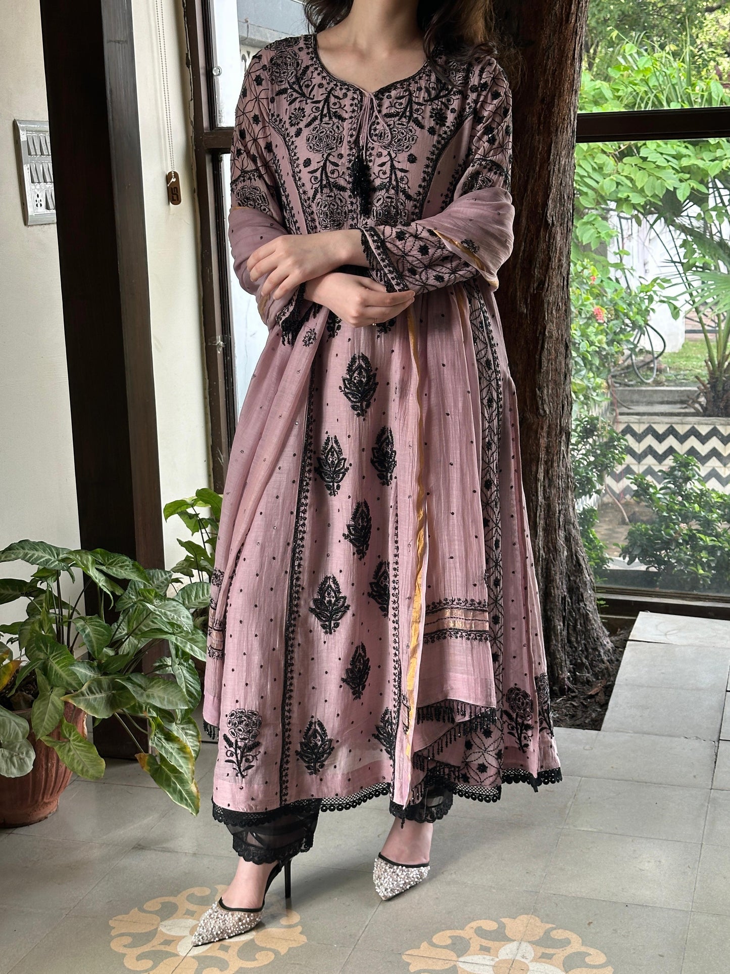 Plum Black Shade Malmal Pearl Work Chikankari Anarkali