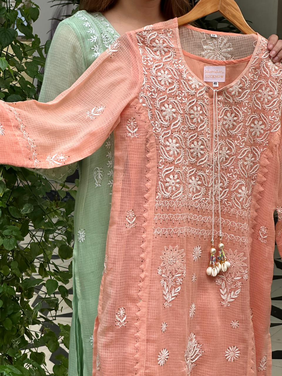 Peach Shade Kota Applique Chikankari Kurta Dupatta Set
