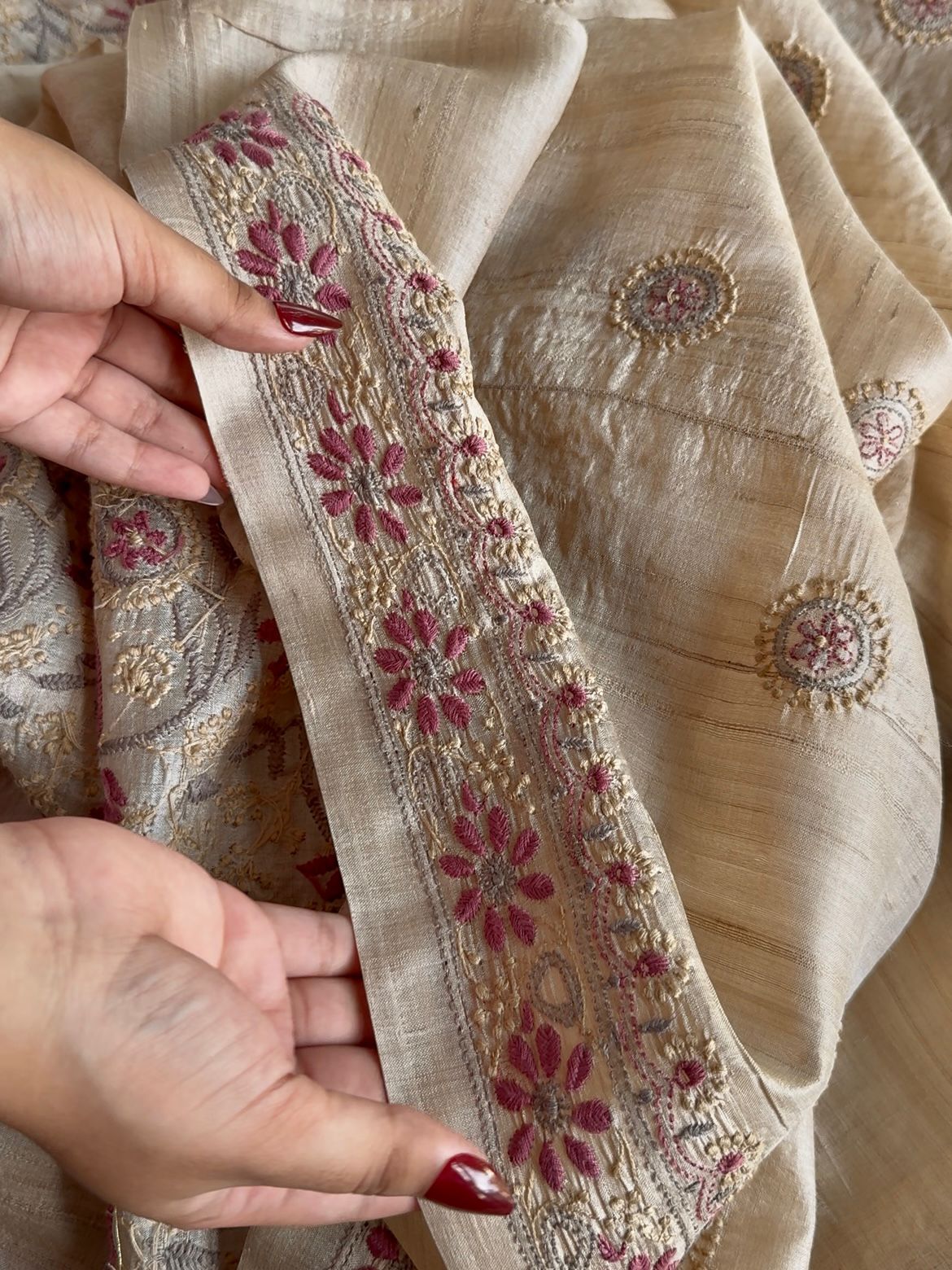 Natural Tussar Silk Chikankari Fabric