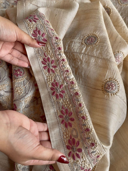 Natural Tussar Silk Chikankari Fabric