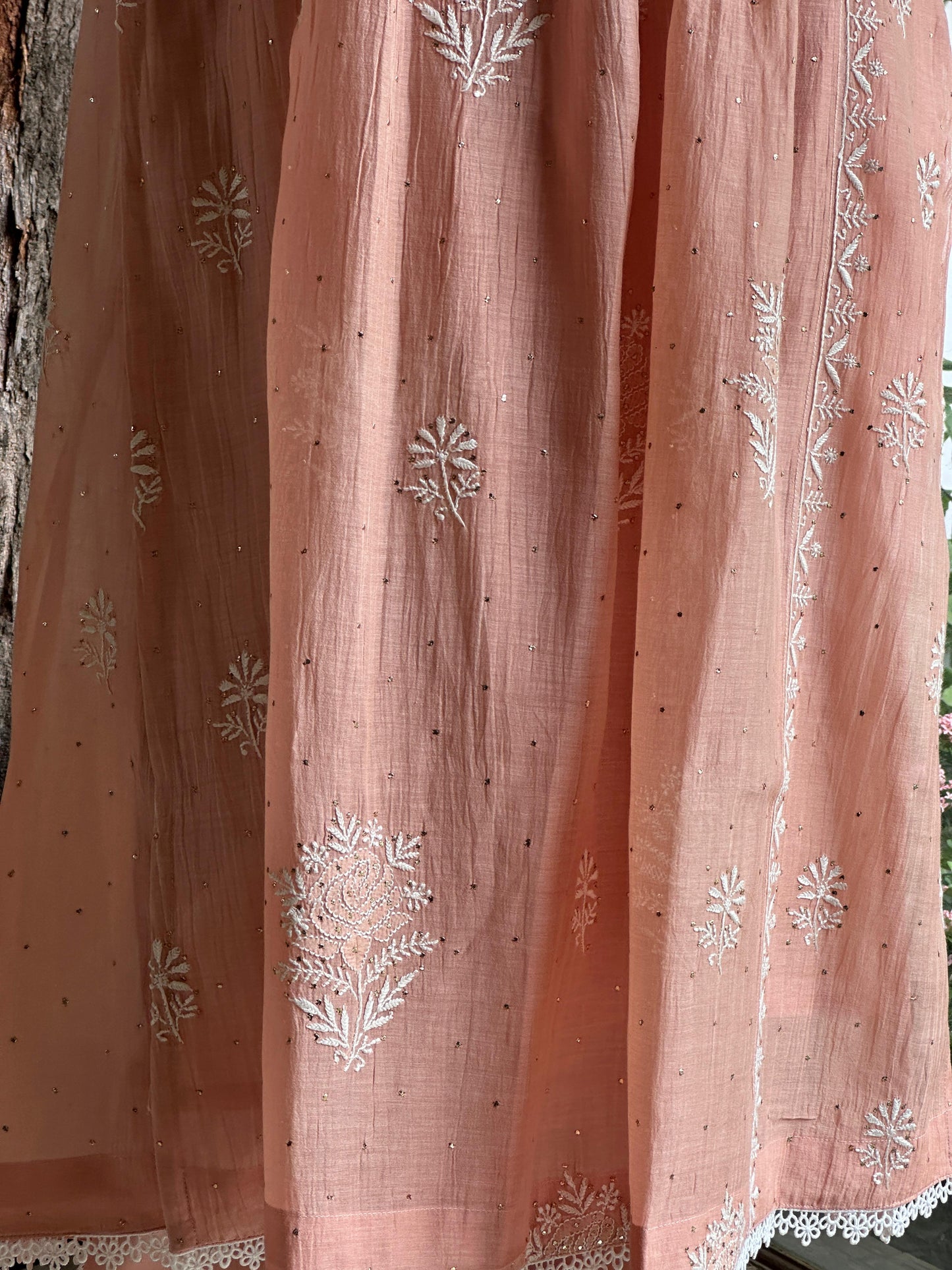 Peach Shade Malmal Mukaish Kamdani Kurta Set