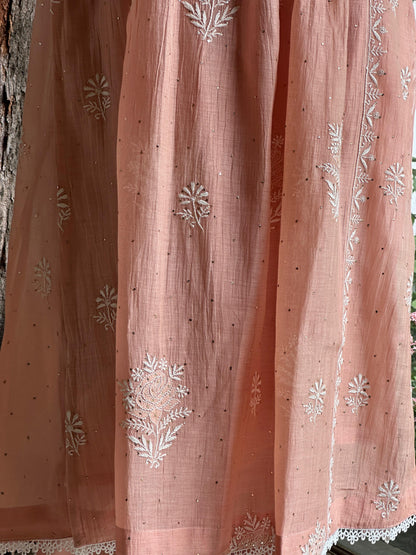 Peach Shade Malmal Mukaish Kamdani Kurta Set