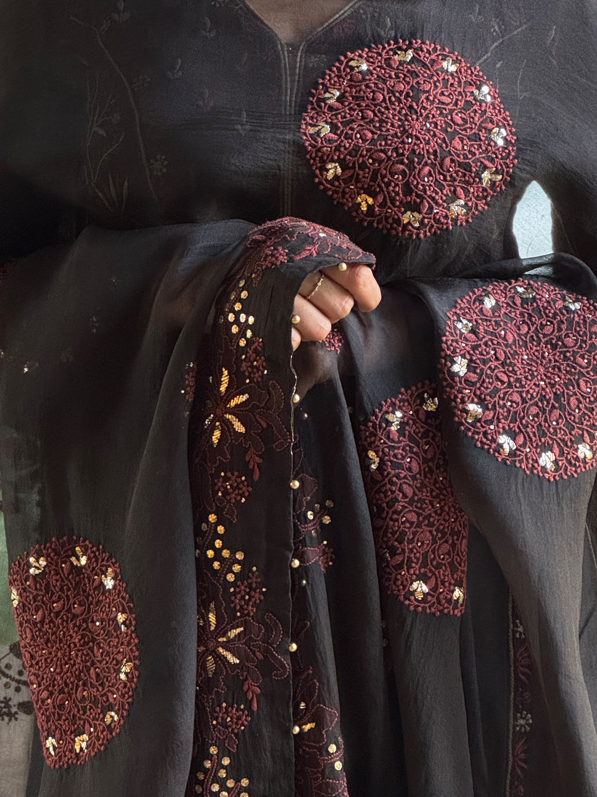 Black & Rust Red Shade Coral Motif Fine Chikankari Organza Mukaish Dupatta
