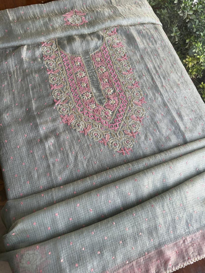 Smokey Grey Shade Tissue Kota Chikankari Unstitched Fabric
