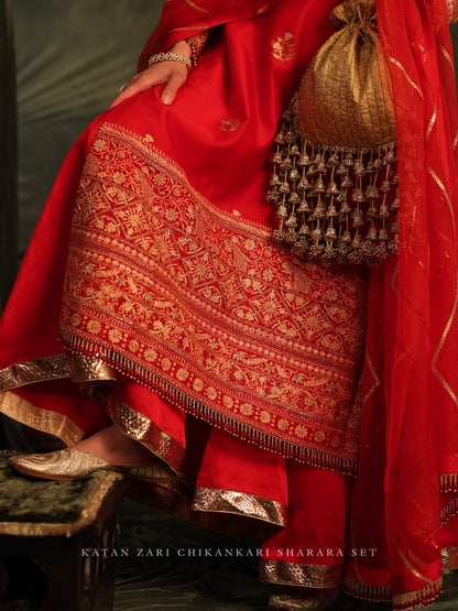 Red Katan Zari Chanderi Chikankari Kurta with Organza Dupatta & Sharara