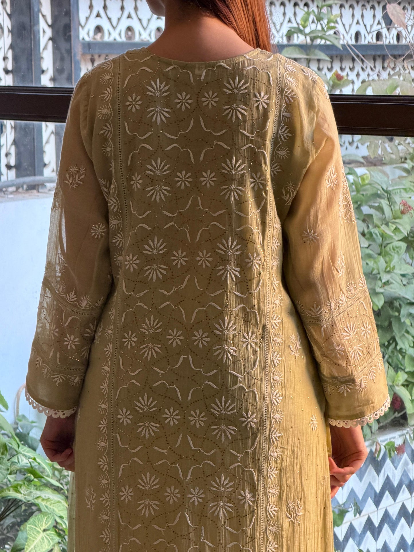 Olive Green Mul Chanderi Mukaish Kamdani Chikankari Stitched Kurta Dupatta Set