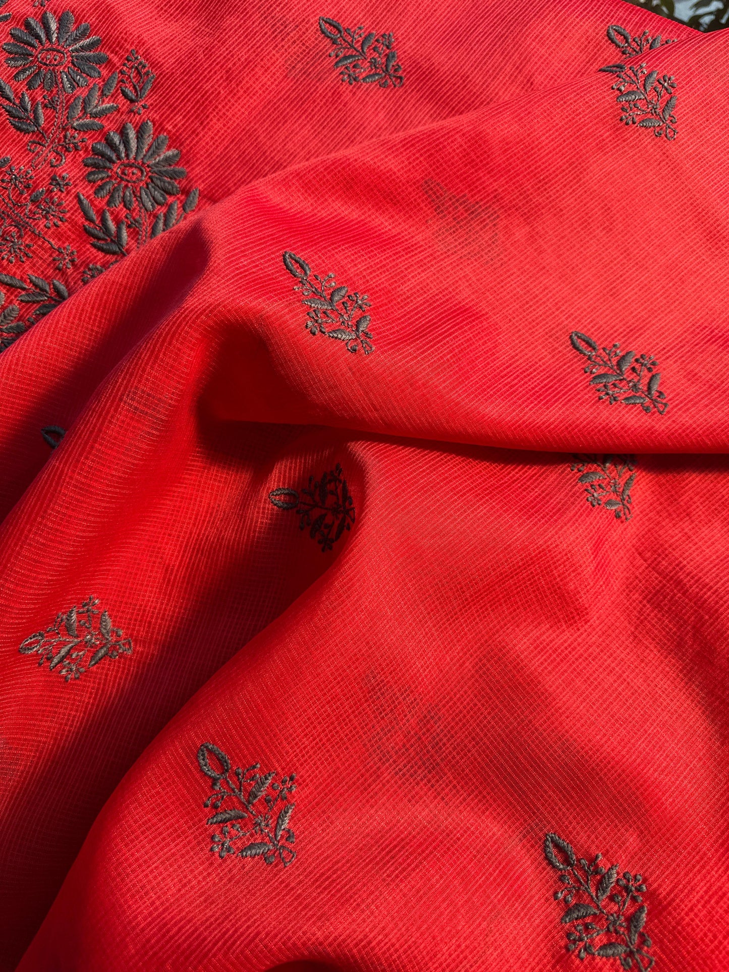 Red & Grey Kota Chikankari Unstitched Fabric