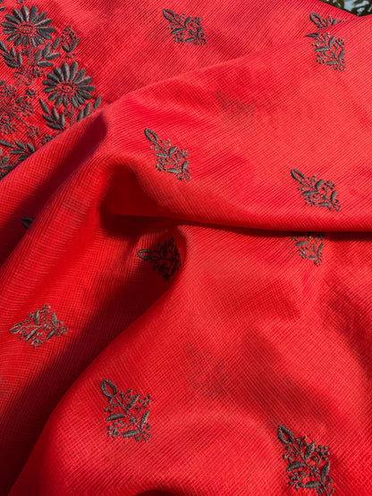 Red & Grey Kota Chikankari Unstitched Fabric