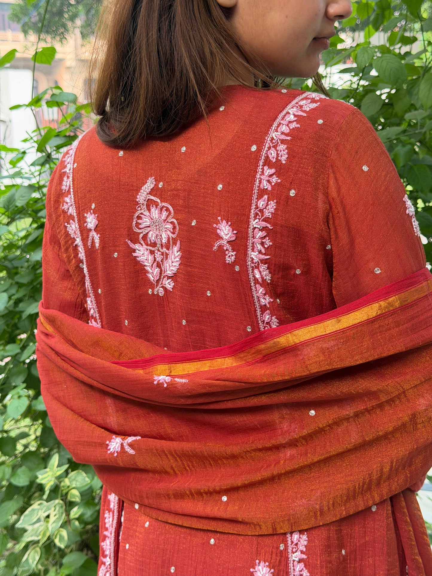 Rust Red Tissue Silk Chikankari Angarkha With Ari & Beads Work