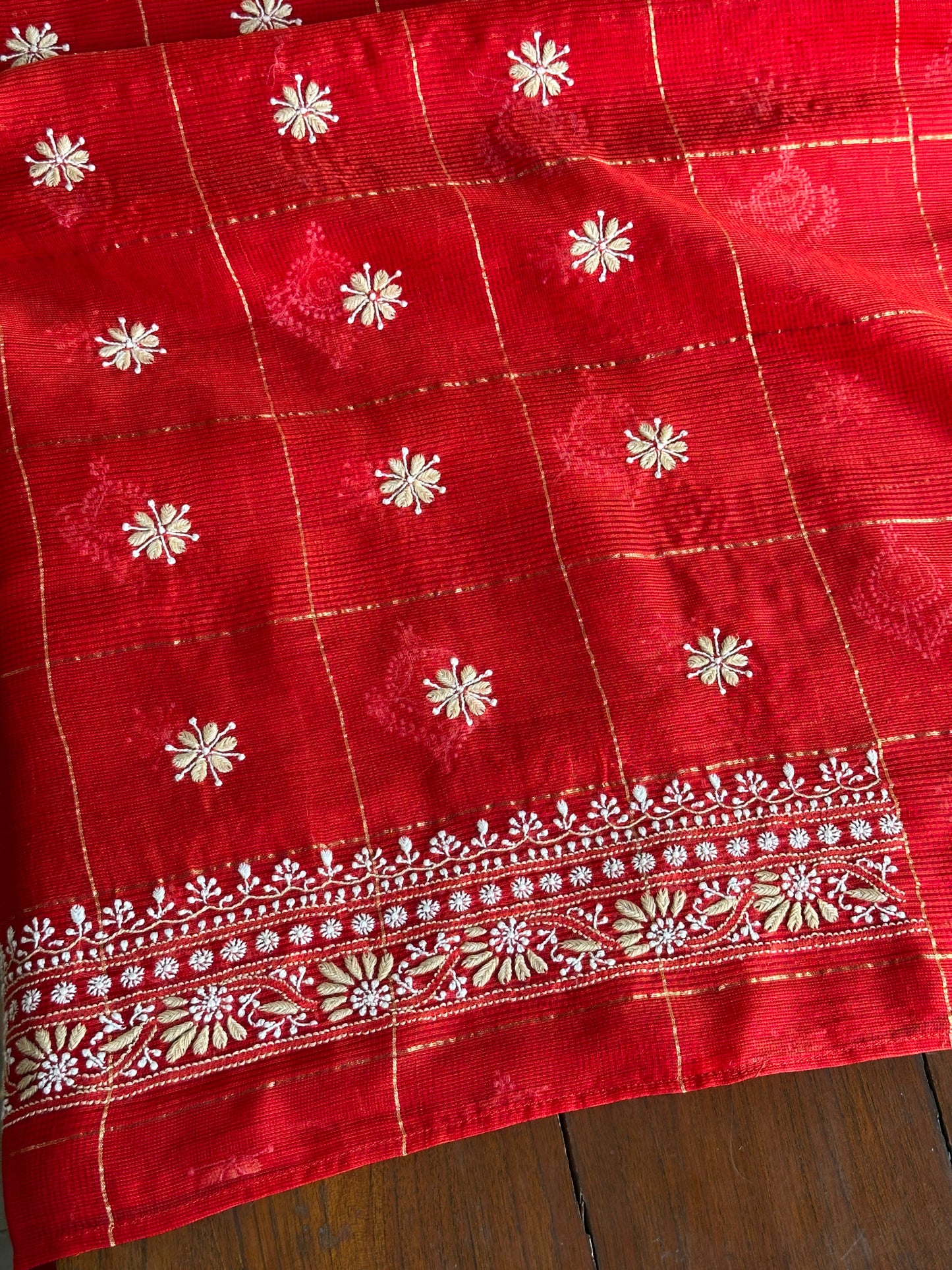 Red Shade Tissue Zari Kota Chikankari Unstitched Fabric