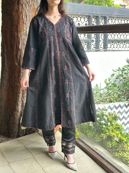 Black Handspun Malkha Chikankari Panel Tunic