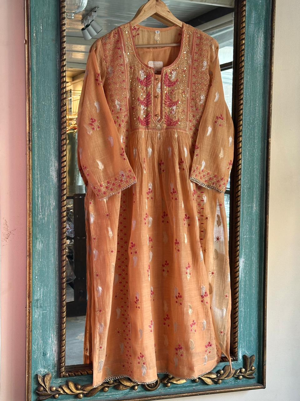 Orange Peach Shade Zari Chanderi Chikankari Ready to Wear Tunics