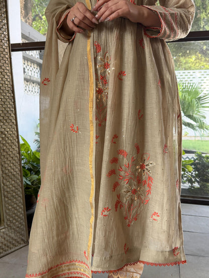 Angi Style Mal Mukaish Kamdani Tux Chikankari Kurta Dupatta Set