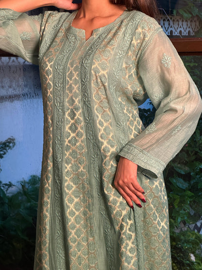 Sea Green Zari Chanderi Chikankari A Line Kurta with Slip