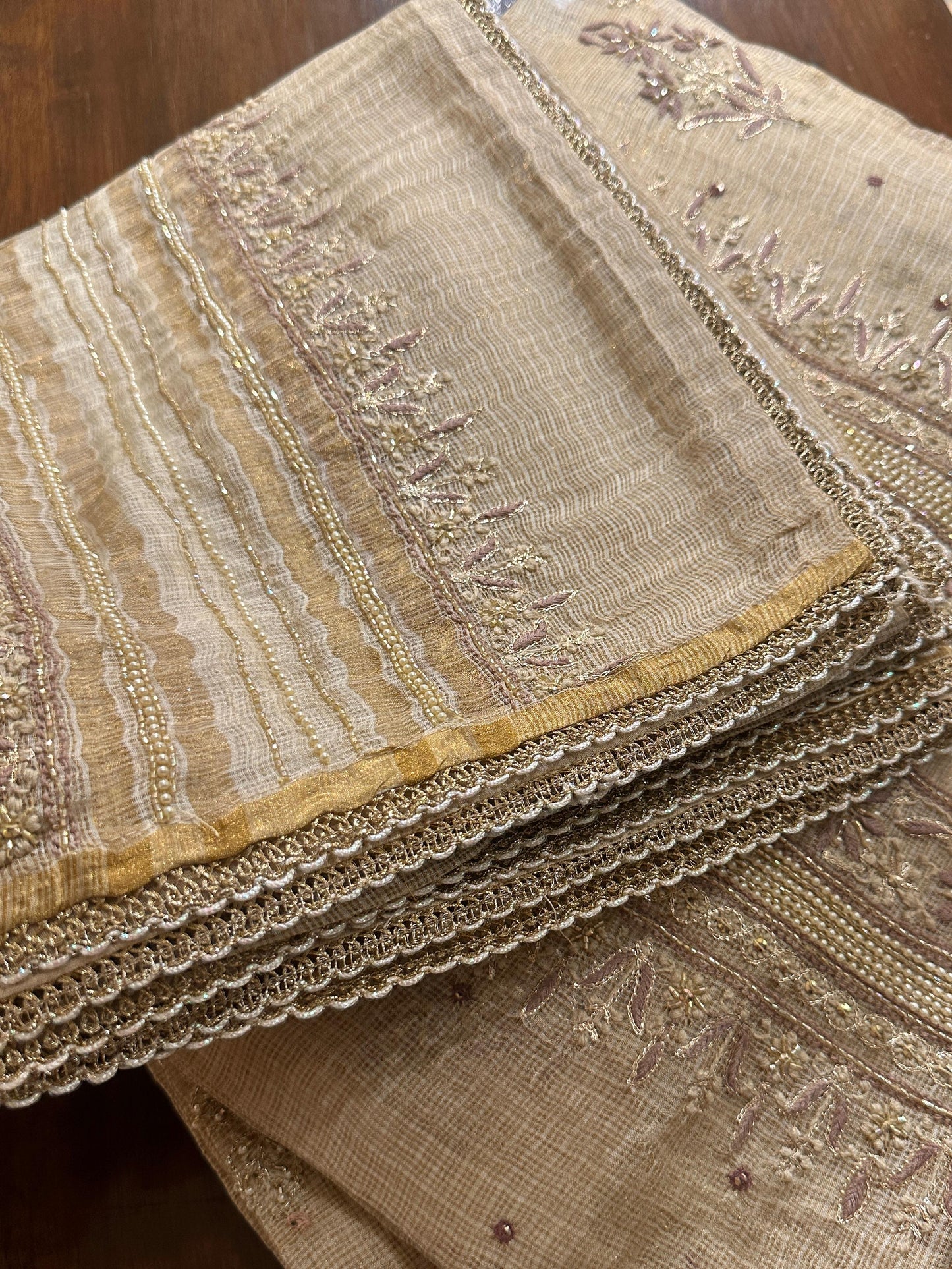 Beige Mauve Tissue Kota Chikankari Unstitched Fabric