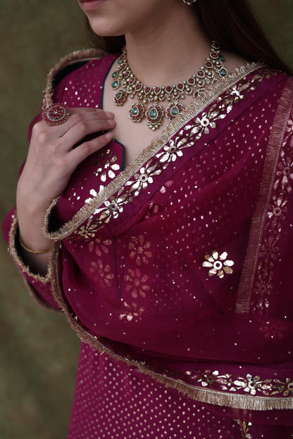 Mukaish Kamdani Plum shade Pure Georgette Kurta Gharara Set with Organza Dupatta