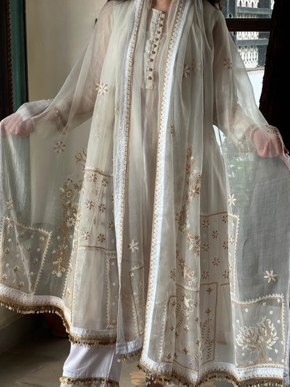 Ivory Kota Pattu Chikankari Suit Set with Organza Dupatta & Pearl Loop Buttons