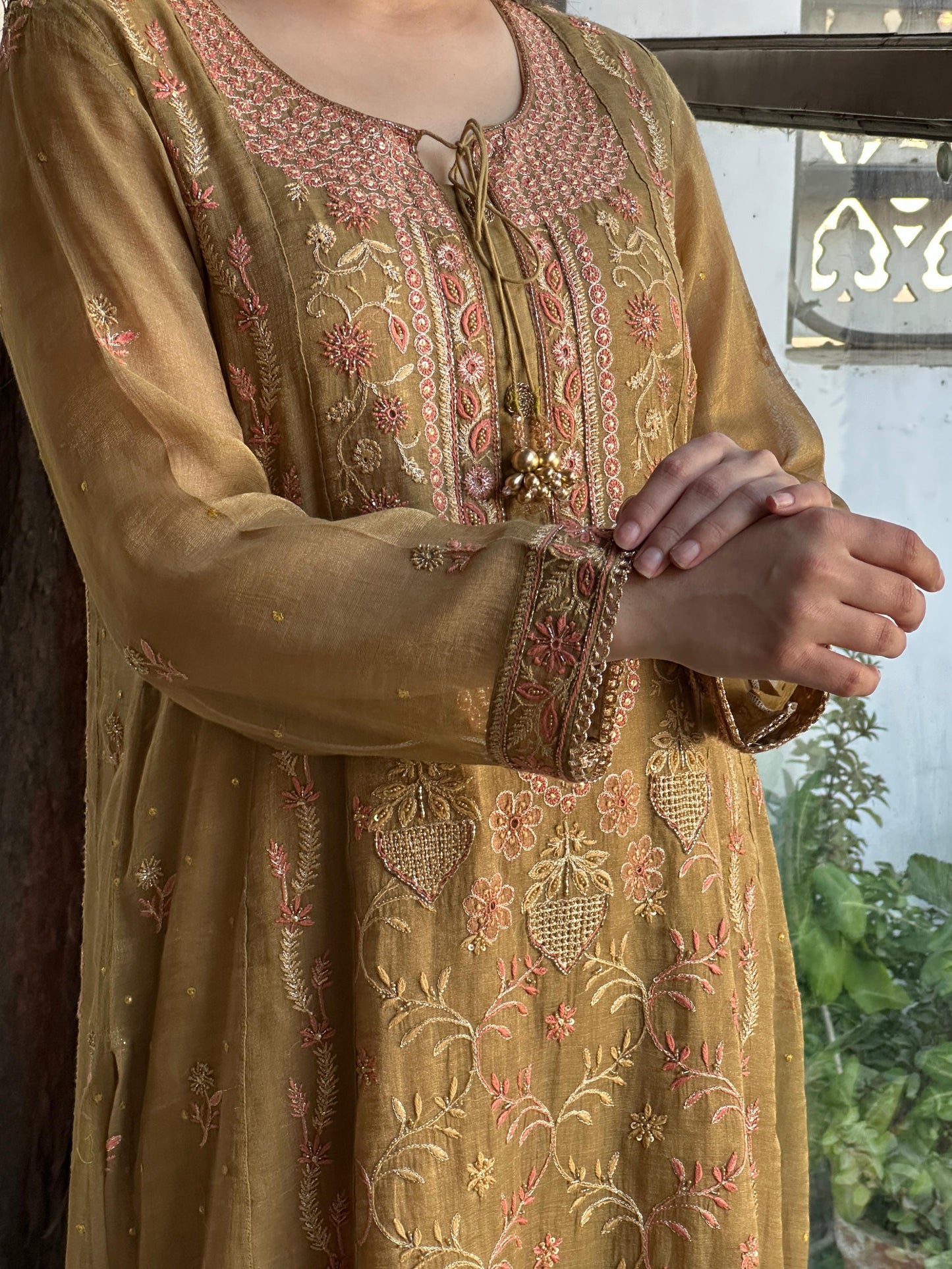 Mustard Shade Tissue Silk Chikankari Anarkali With Ari Work