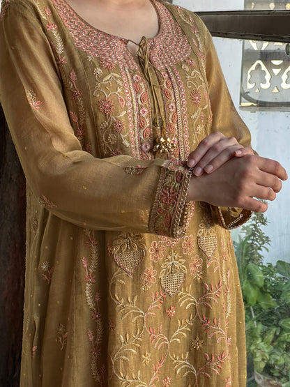 Mustard Shade Tissue Silk Chikankari Anarkali With Ari Work