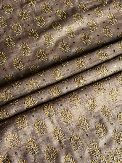 Beige Shade Roheen Tussar Silk Chikankari Fabric
