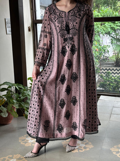 Plum Black Shade Malmal Pearl Work Chikankari Anarkali