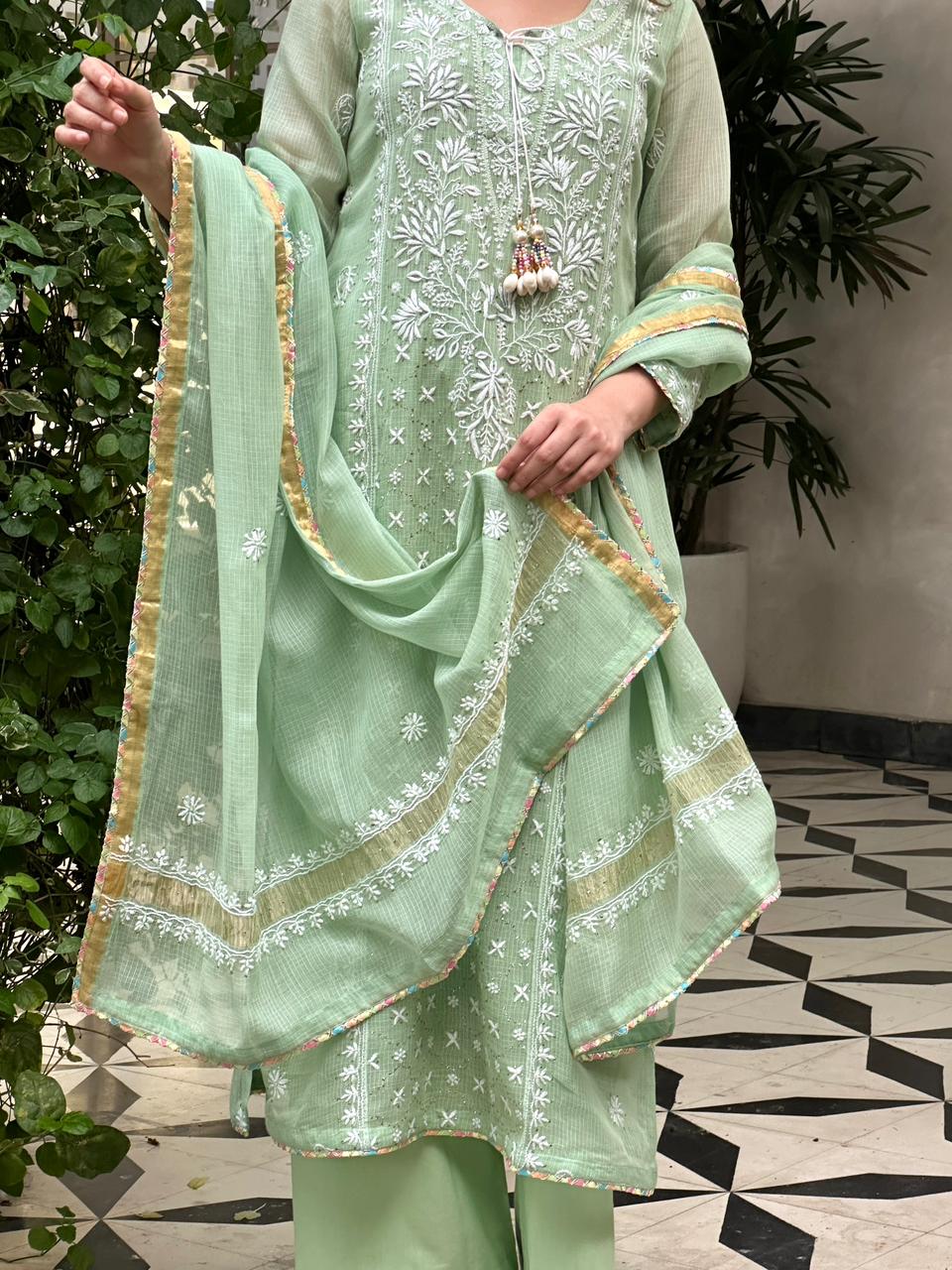 Green Shade Kota Applique Chikankari Kurta Dupatta Set