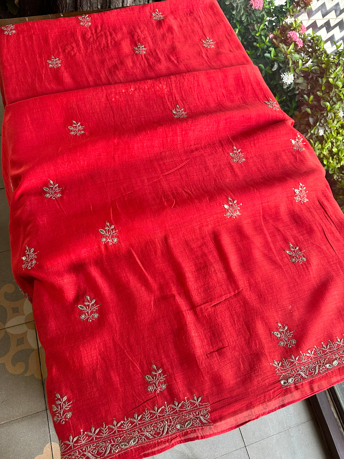Red Shade Mal Cotton Chikankari Unstitched Kurta Dupatta Fabric With Mukaish Badla