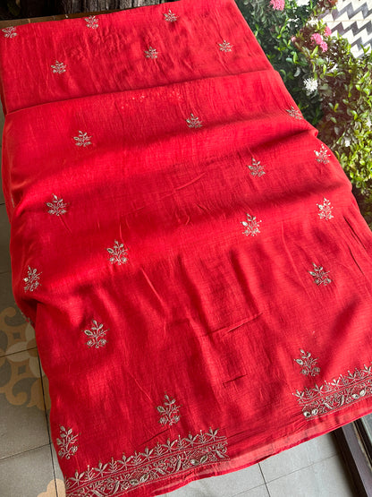 Red Shade Mal Cotton Chikankari Unstitched Kurta Dupatta Fabric With Mukaish Badla