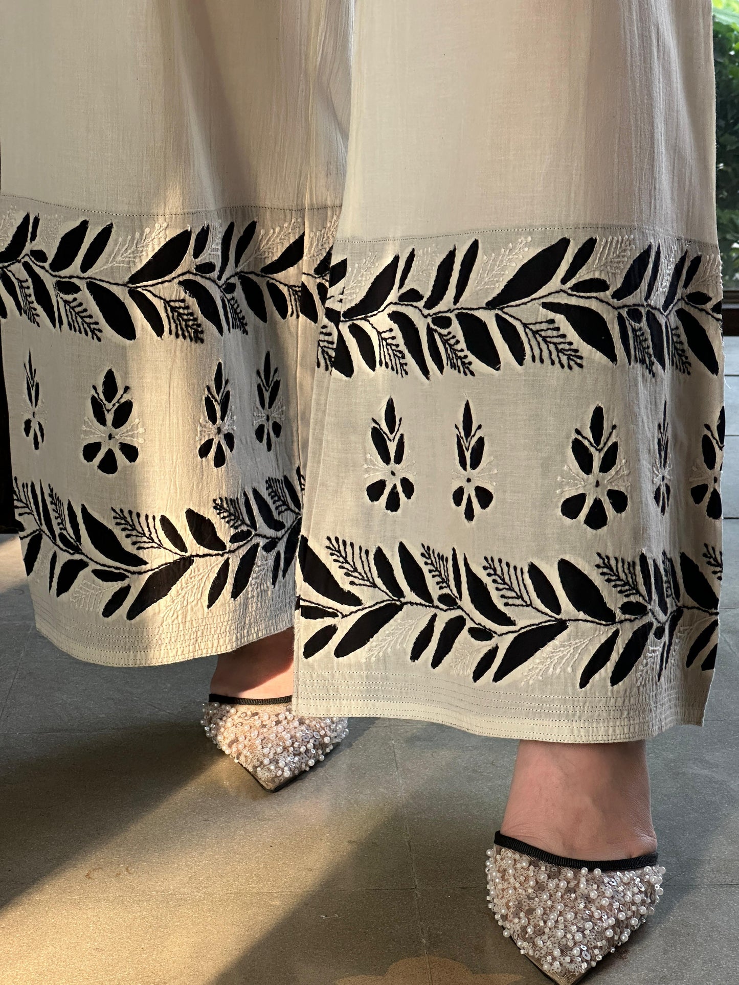 White & Black Floral Daraz Chikankari Palazzo