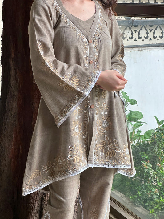 Cloudy Grey Malkha Cotton Chikankari Co-ord Set