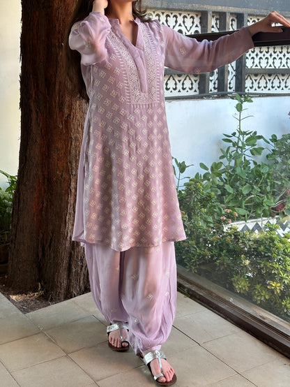 Lavender Chiffon Afghani Shalwar Chikankari Coord Set - Fine Chikankari Work
