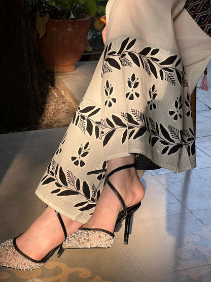 White & Black Floral Daraz Chikankari Palazzo
