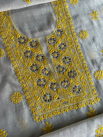 Grey Shade Mal Cotton Chikankari Unstitched Kurta Dupatta Fabric With Mukaish Badla