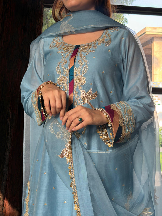 Pastel Blue Chanderi Silk Bird Motif Khadi Salwar Set