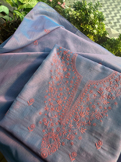 Blue & Pink Kota Chikankari Unstitched Fabric