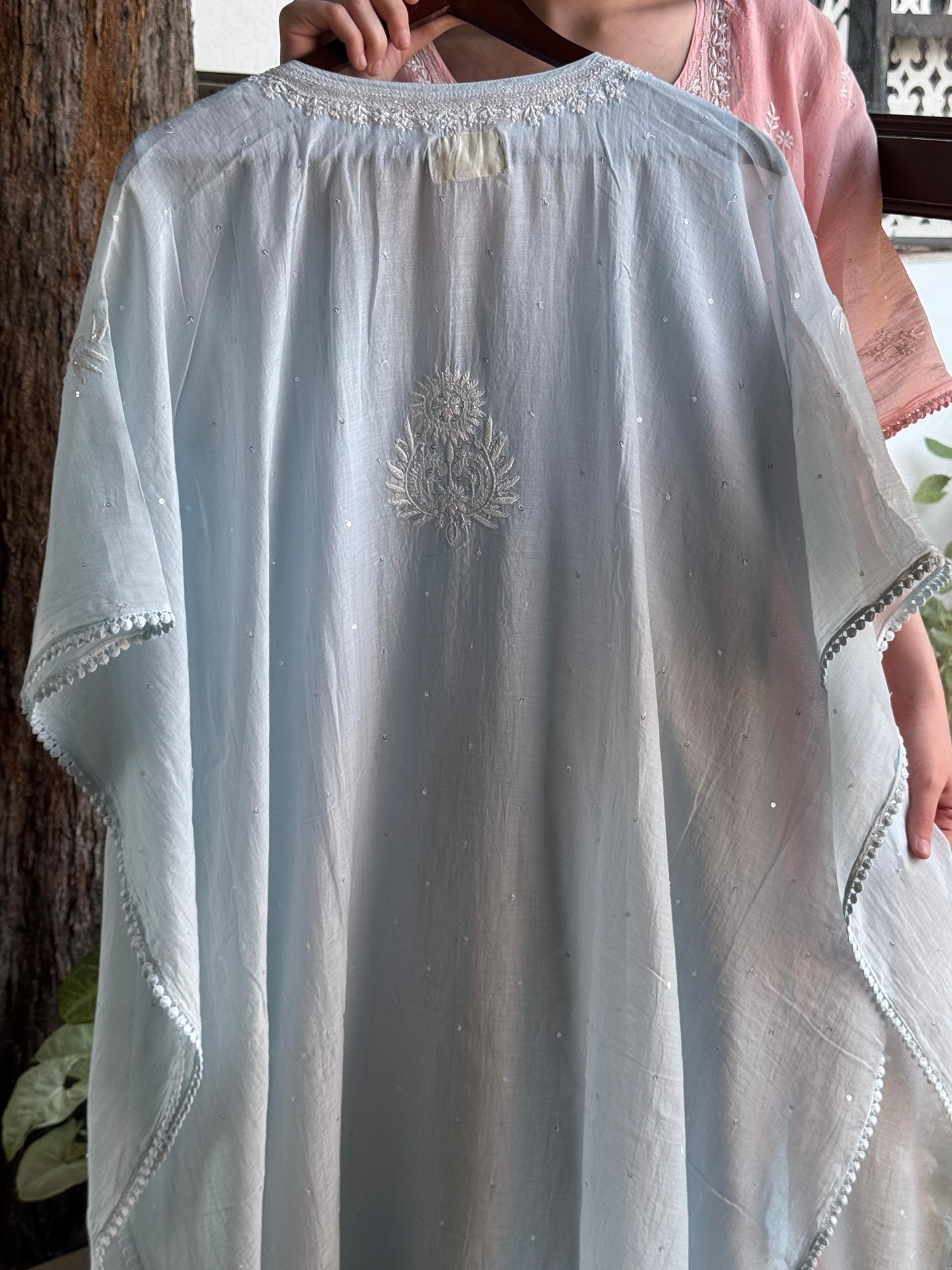 Powder Blue Malmal Sequinned Chikankari Kaftan