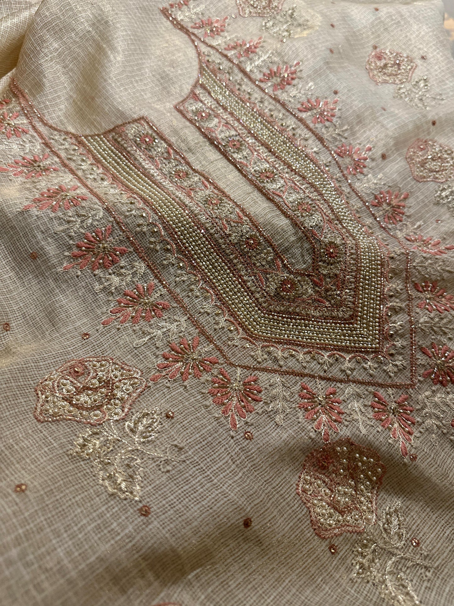 Beige Peach Tissue Kota Chikankari Unstitched Fabric