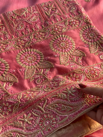 Pink Moonga Silk Chikankari Unstitched Fabric