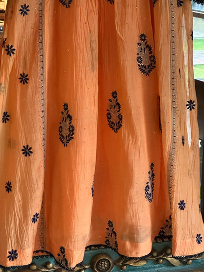 Orange Blue Malmal Mukaish Kamdani Chikankari Stitched Kurta Dupatta Set