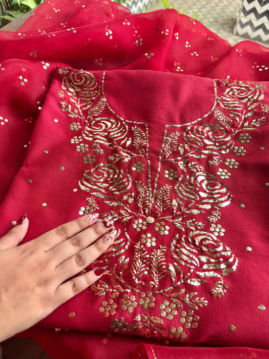 Berry Red Chanderi Silk Mukaish Badla Unstitched Fabrics