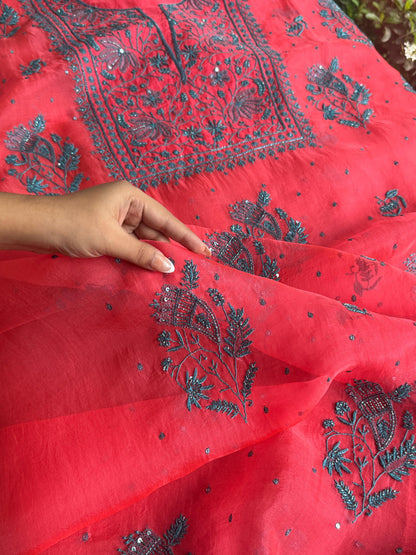 Watermelon Red Shade Noor Organza Silk Chikankari Unstitched Kurta Dupatta Set