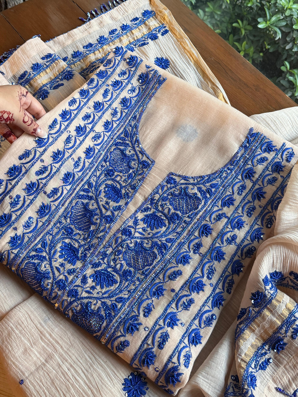 Beige & Blue Mal Chanderi Silk Chikankari With Sequins Unstitched Kurta Dupatta Set