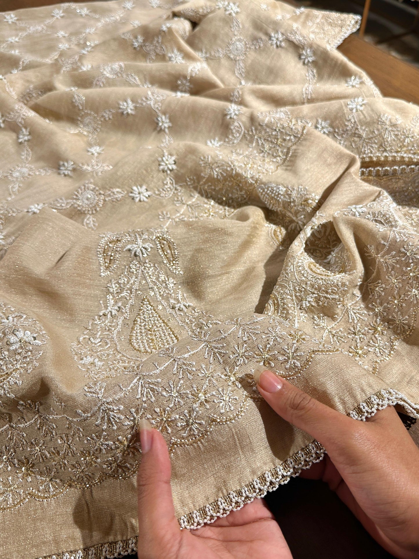 Natural Shade Fine Chikankari Ari Tissue Silk Dupatta