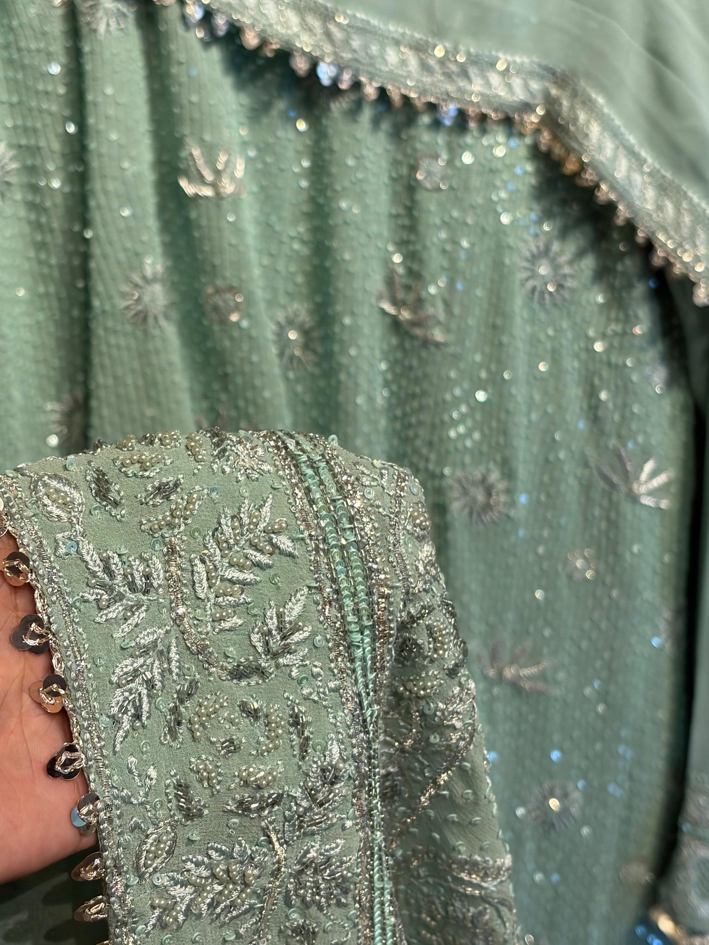 Cement Green Sequinned Georgette Chikankari Anarkali