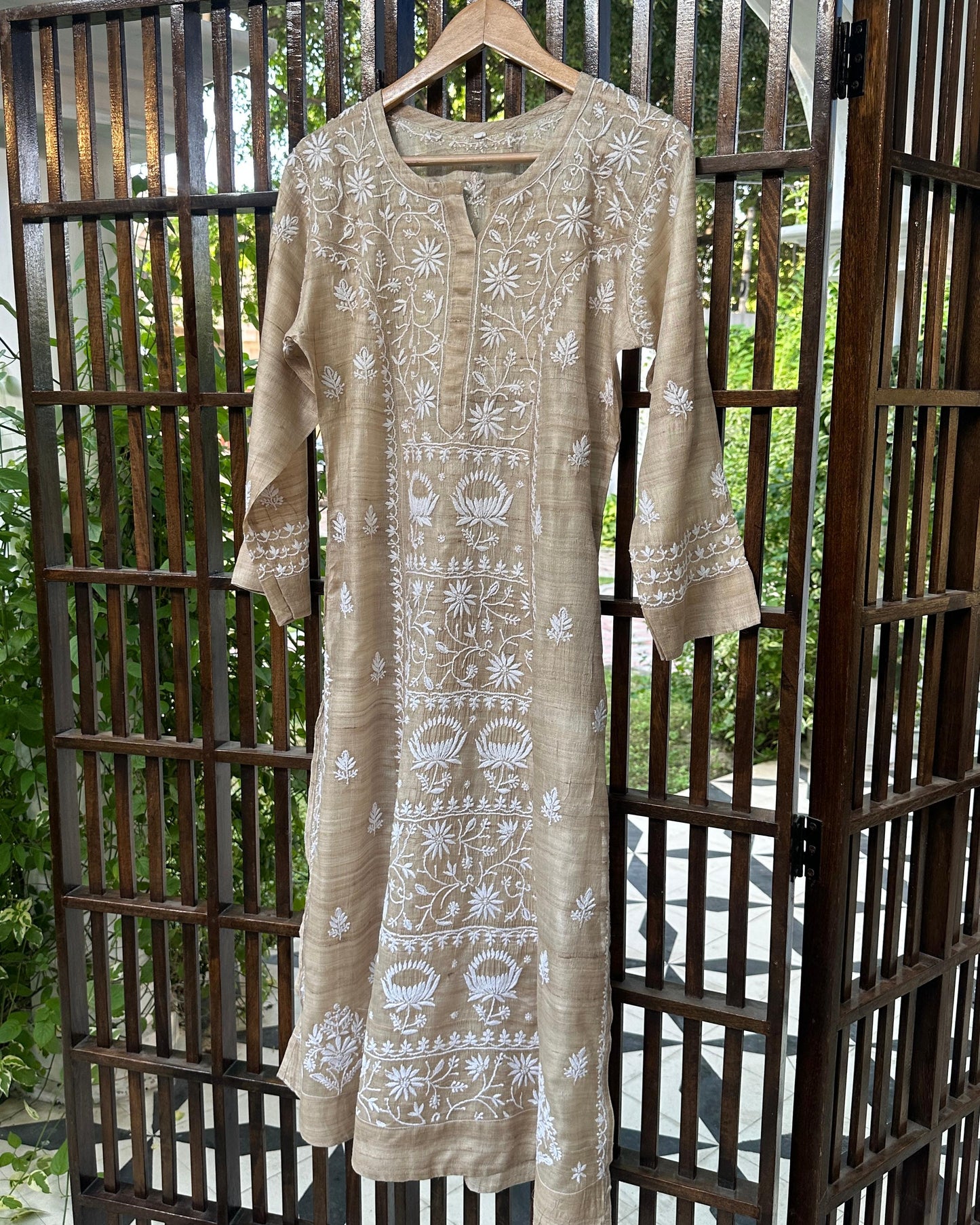 Natural Beige Tussar Silk Chikankari Ready to Wear Kurta