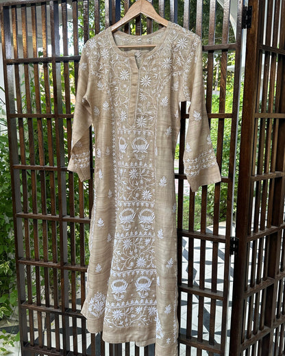 Natural Beige Tussar Silk Chikankari Ready to Wear Kurta